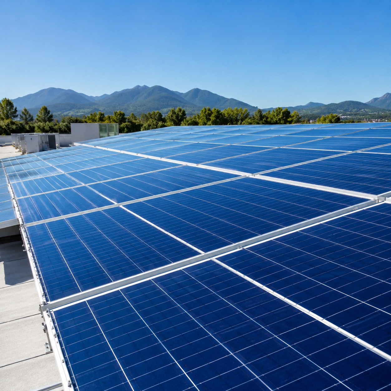 Sistema fotovoltaico instalado em cobertura, com painéis solares limpos e bem conservados
