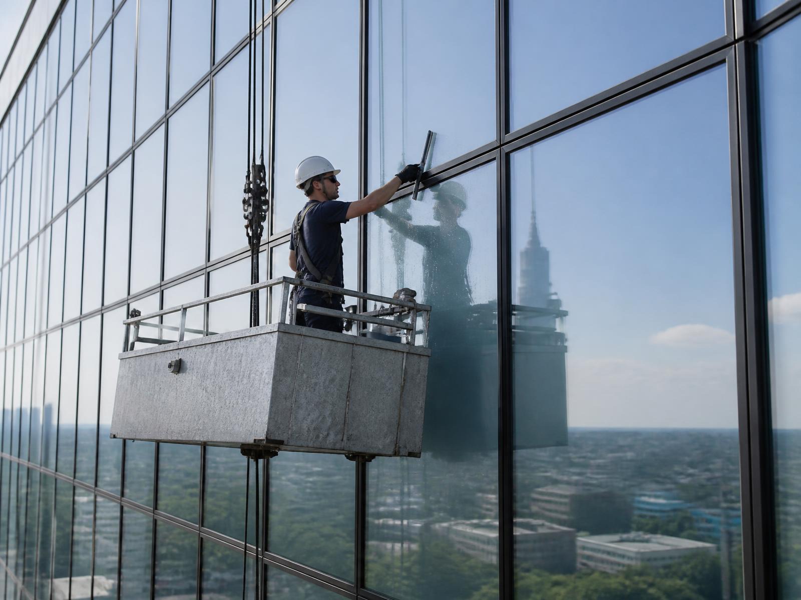 Profissional realizando limpeza de fachada envidraçada de edifício corporativo